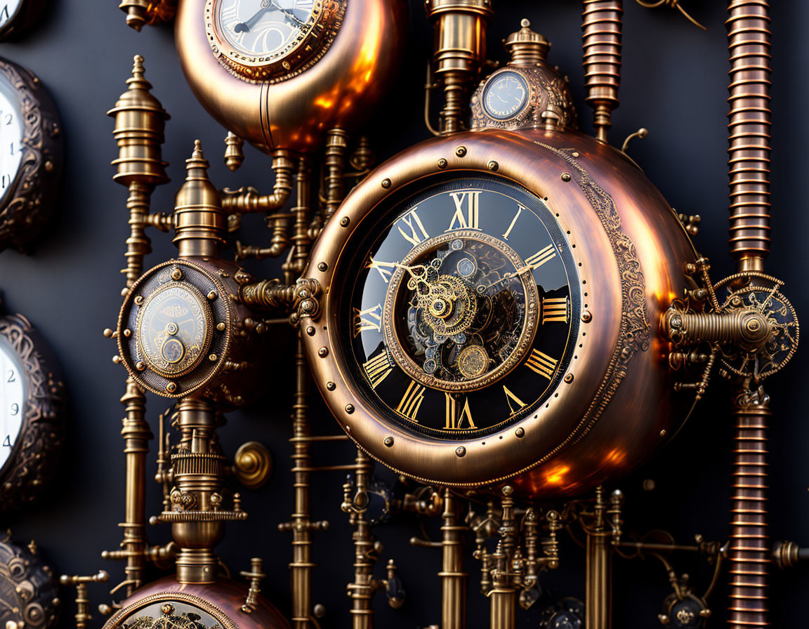 Detailed Steampunk-Style Clocks with Exposed Gears and Roman Numerals