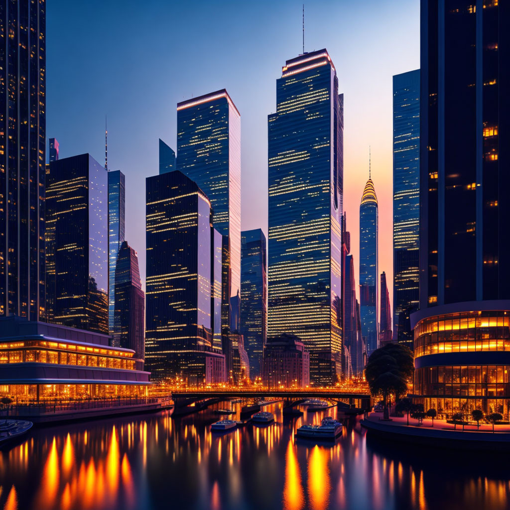 Modern city skyline at dusk with illuminated skyscrapers reflected in water