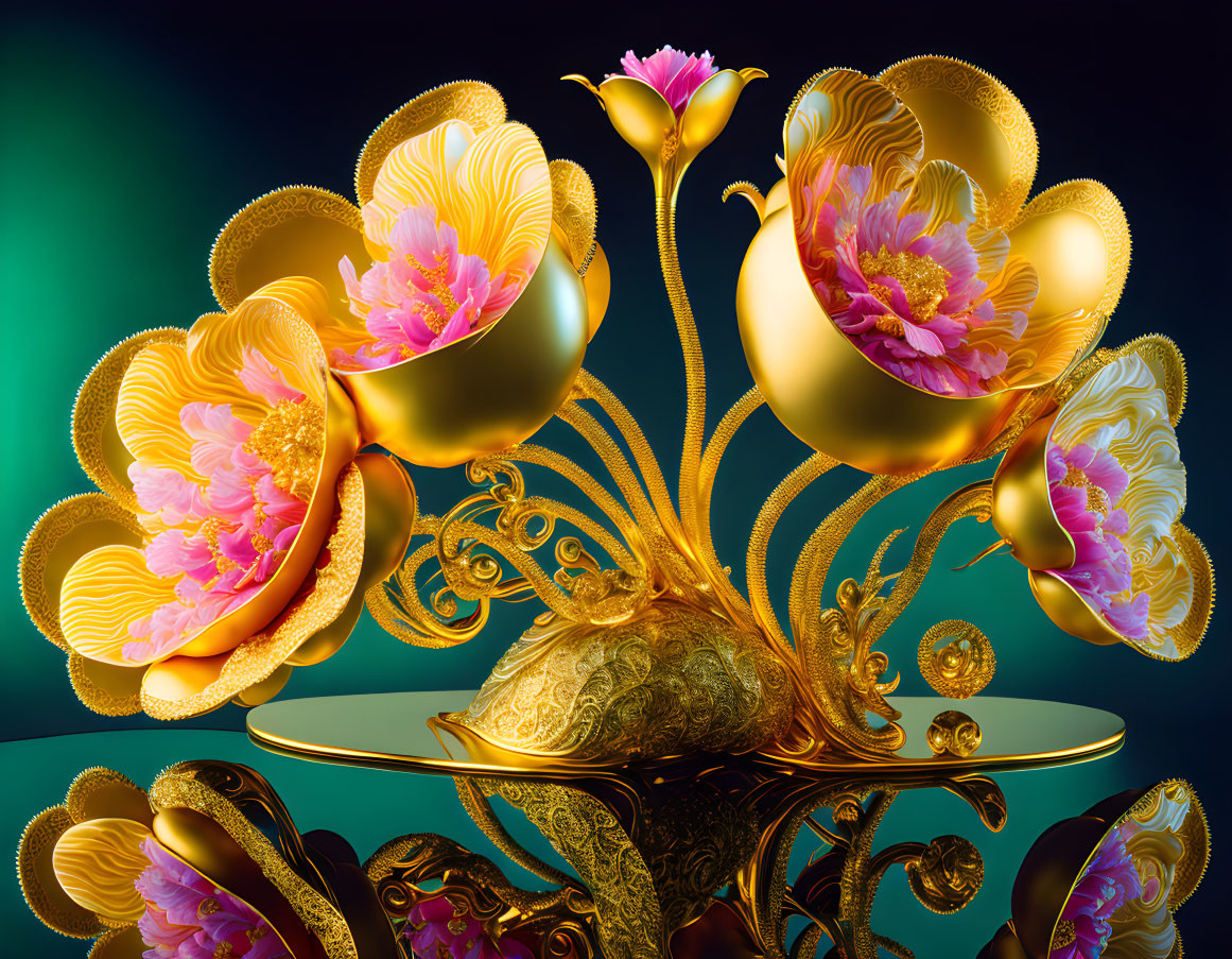 Golden flowers with pink petals on metallic base in digital art