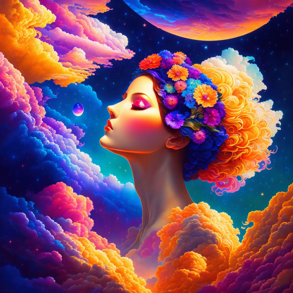 Illustration of woman with flower crown in cosmic setting