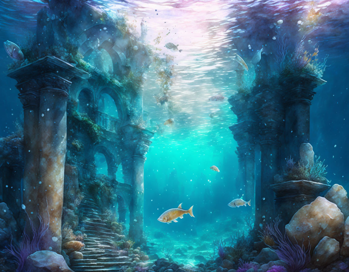 Ancient ruins underwater with fish, columns, and ethereal light