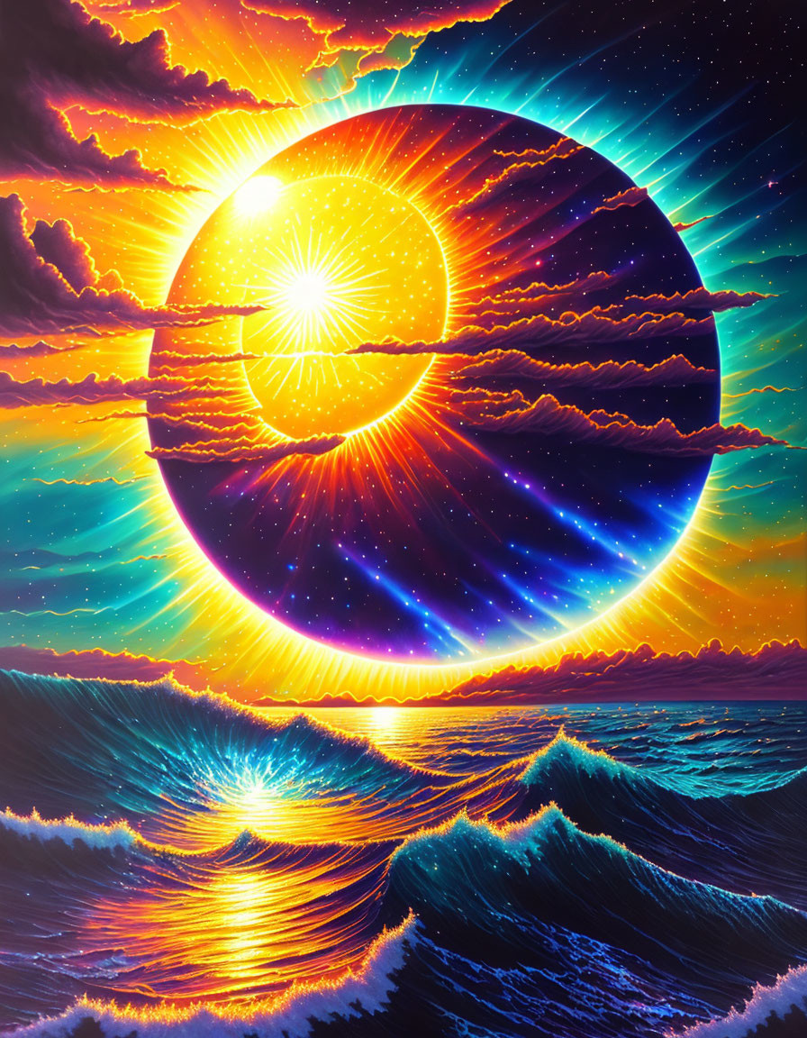 Vivid surreal art: large sun with spiral pattern in vibrant sky over ocean waves