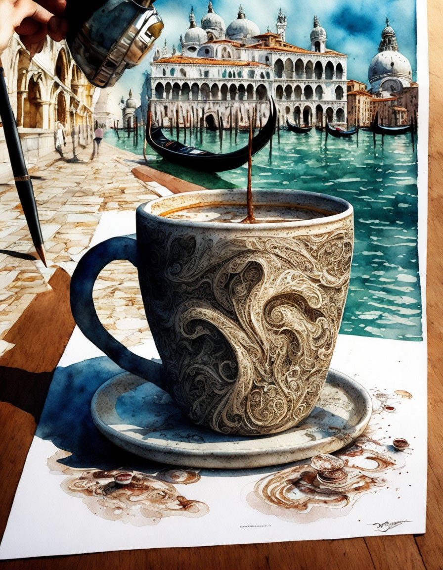 Hand pouring liquid into cup merges with Venice cityscape painting, creating illusion.