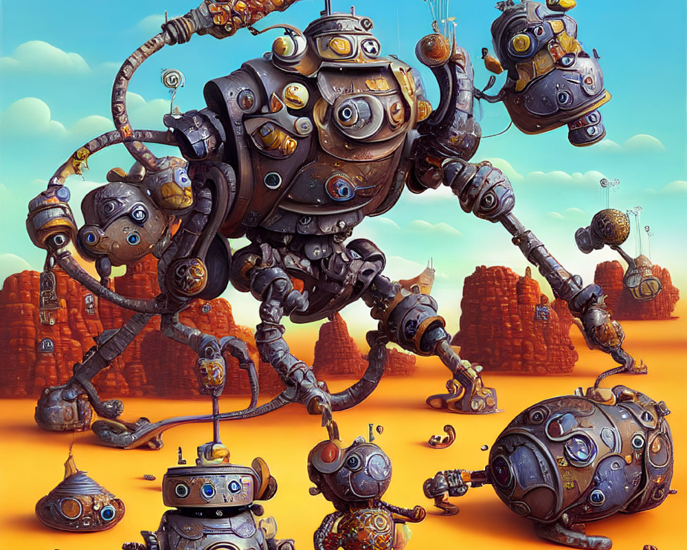 Whimsical mechanical robots in desert landscape with rock formations