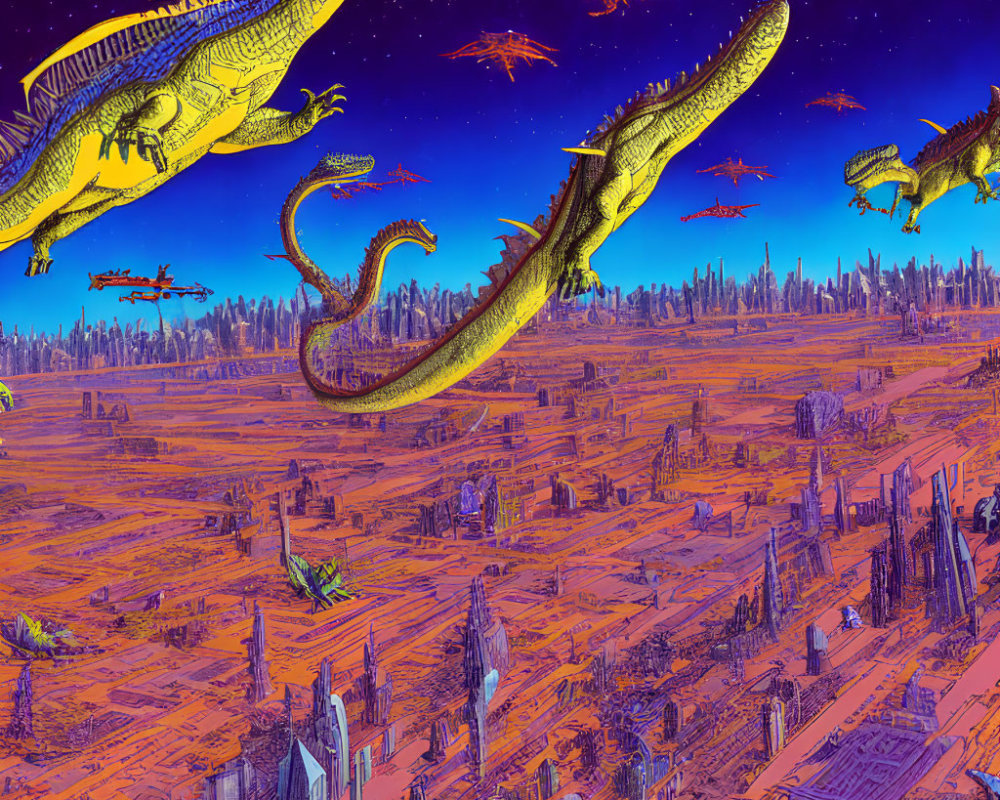 Detailed futuristic landscape with flying reptiles above orange terrain