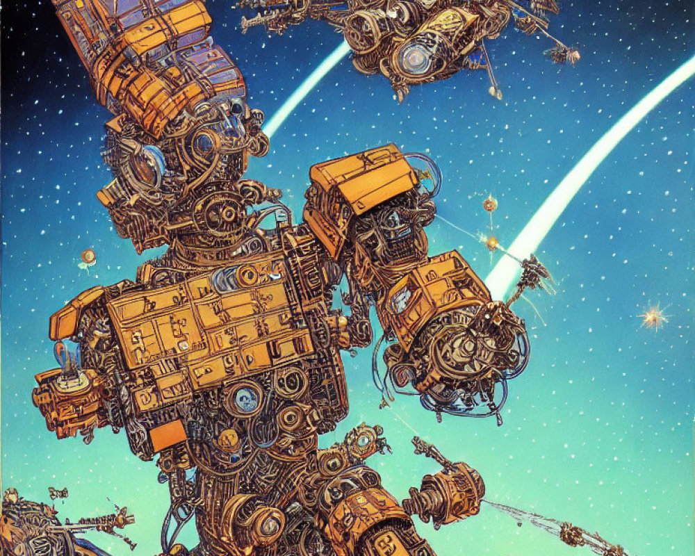 Detailed Sci-Fi Illustration: Colossal Robot Floating in Space with Mechanical Structures, Stars, and Plan