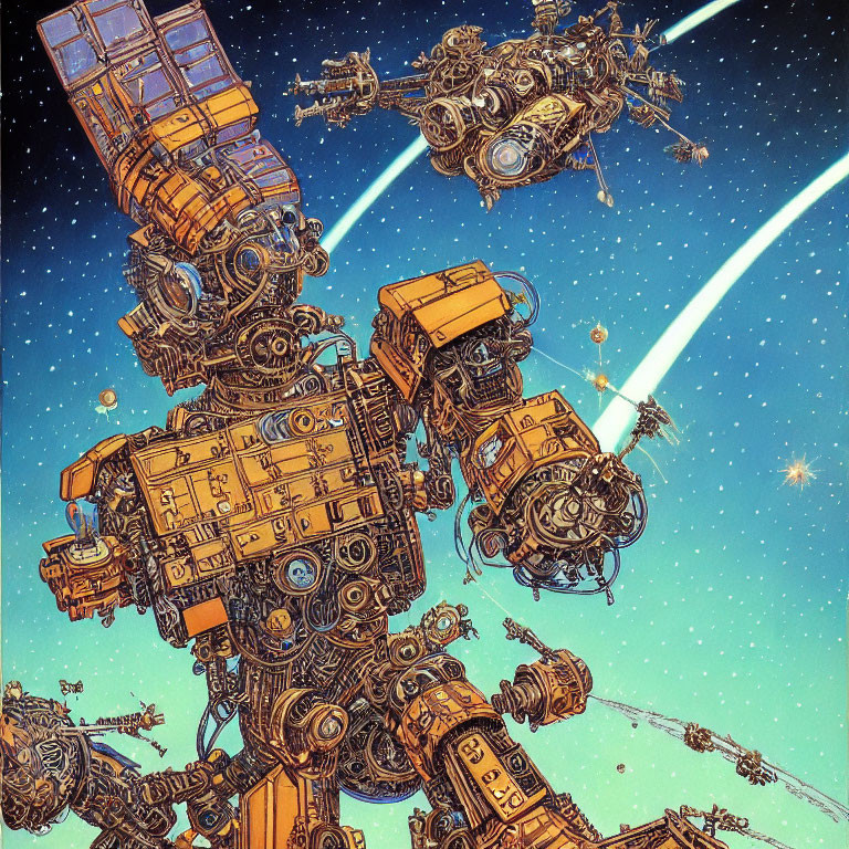 Detailed Sci-Fi Illustration: Colossal Robot Floating in Space with Mechanical Structures, Stars, and Plan