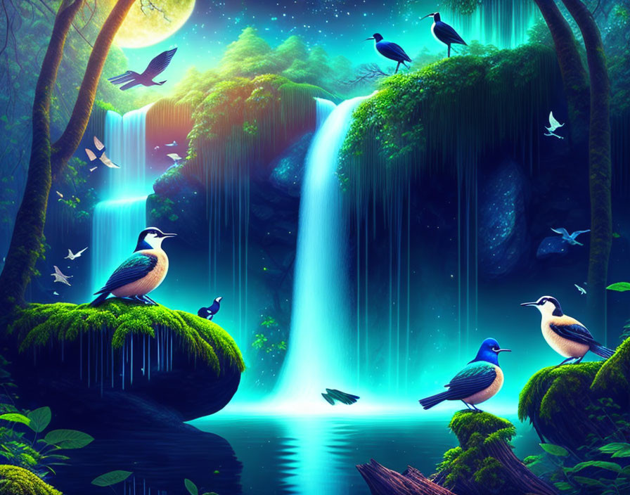 Mystical forest scene with waterfall, lush greenery, vibrant birds, twilight sky