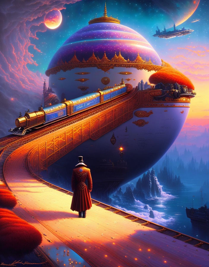 Person in red cloak on golden bridge gazes at flying city-ship and trains over waterfall under purple