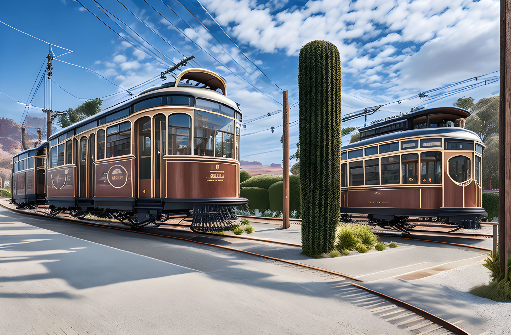 Vintage trams on parallel tracks in desert landscape with cacti and hills under blue sky.