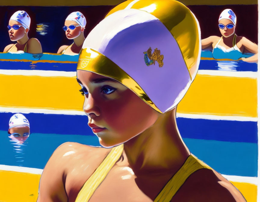 Digital painting: Young swimmer in yellow cap with others in background