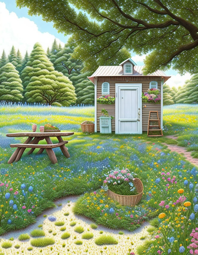 White Cottage with Blue Door in Colorful Meadow with Picnic Table