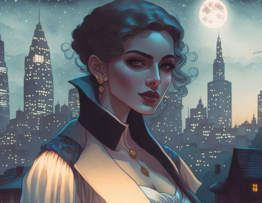 Illustrated woman in vintage attire under full moon