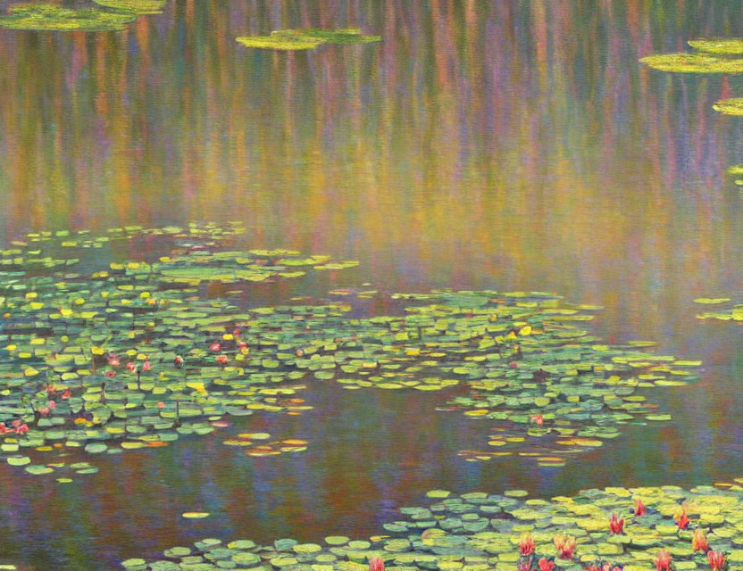 Tranquil pond with water lilies and reflected trees in impressionistic painting