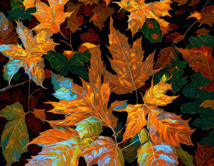 Colorful autumn leaves in orange, yellow, and red with dark shadows - a rich fall tapestry