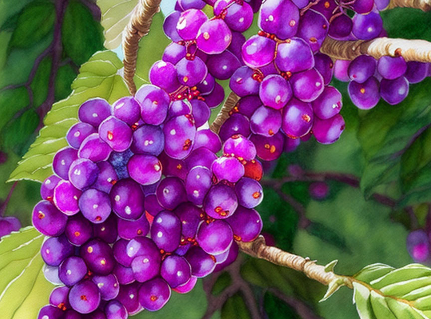 Ripe Purple Grapes Hanging on Vine with Green Leaves