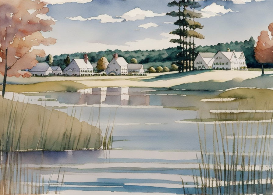 Tranquil Watercolor Painting of Riverside Village