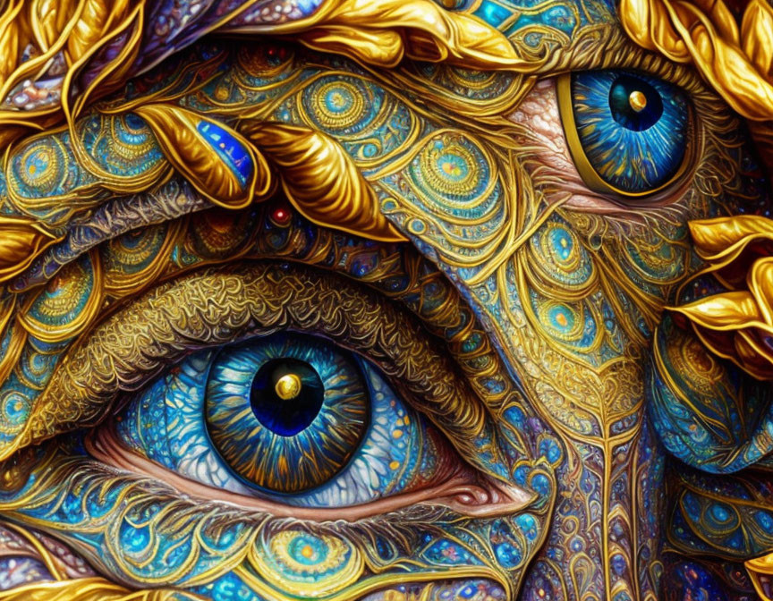 Detailed image: Blue eyes with ornate golden patterns.