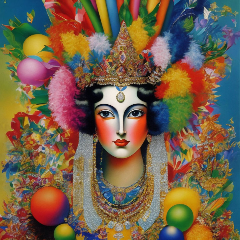 Colorful face with intricate headdress and vibrant feathers in art.