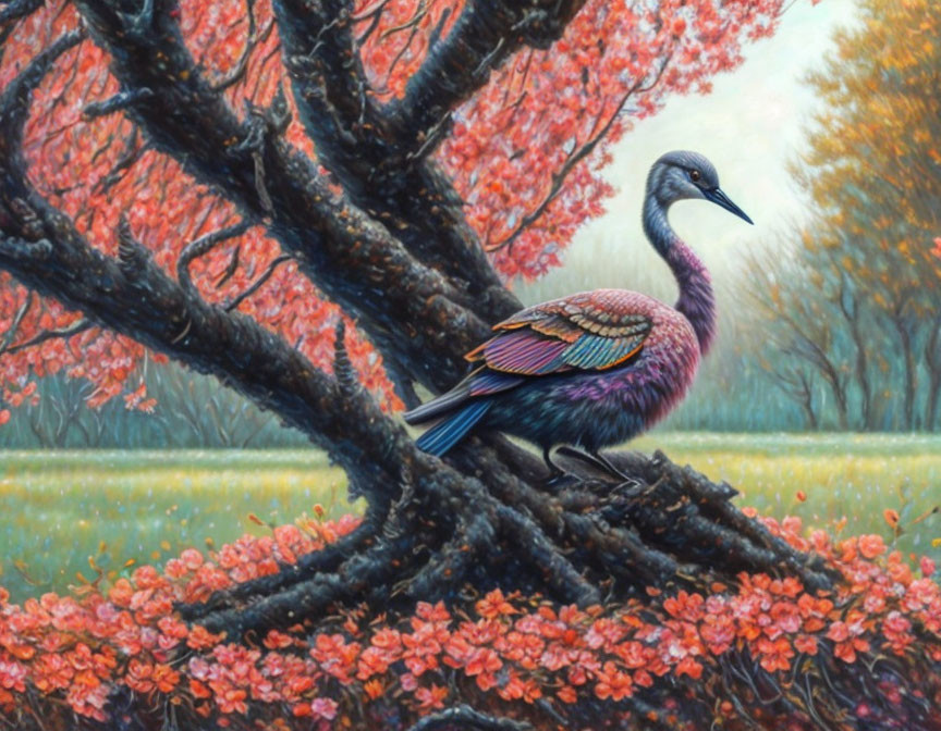 Colorful bird with iridescent feathers on gnarled tree branch in serene landscape