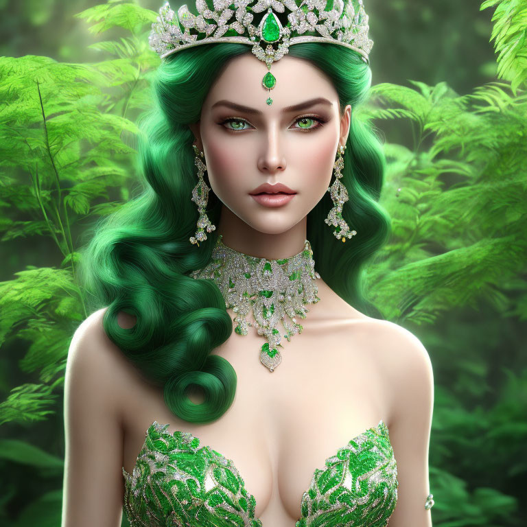 Digital artwork: Woman with emerald green hair, jeweled crown, necklace, in lush forest.