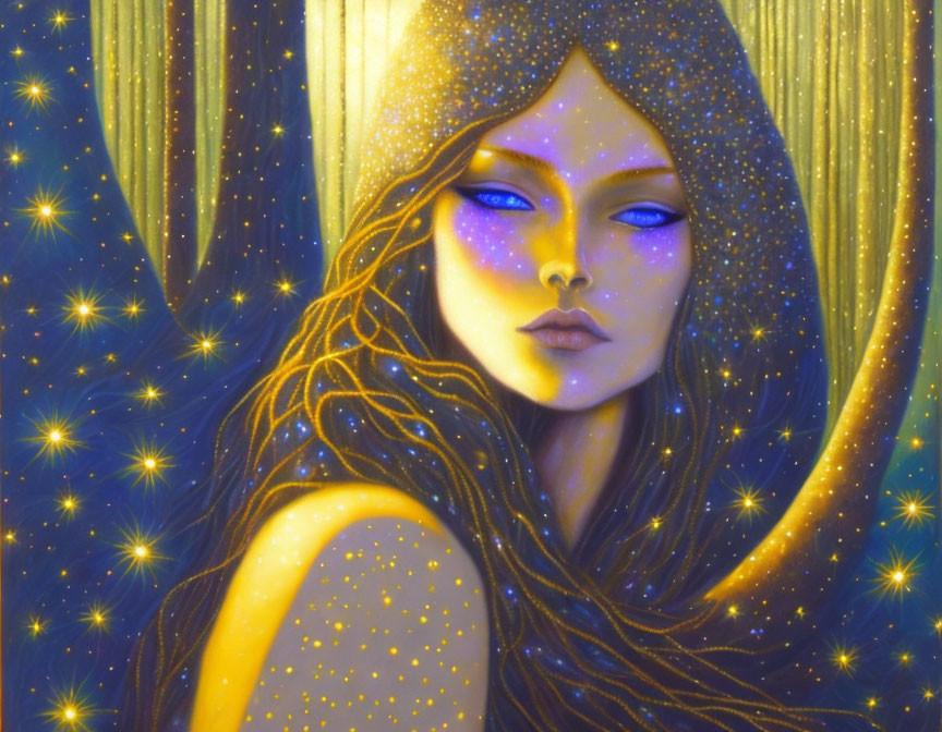 Mystical female figure with blue eyes and star-speckled skin in celestial setting