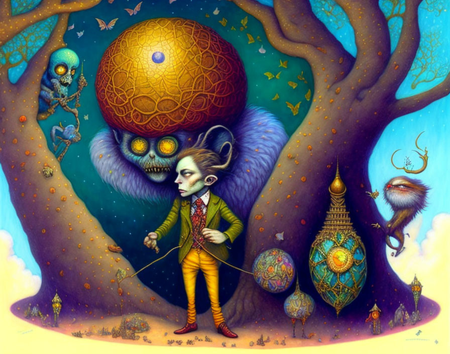 Surreal painting: person with animalistic features, orbs on leashes, fantastical creatures,