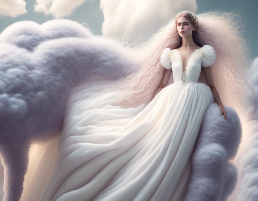 Woman in White Flowing Dress with Fur Details in Dreamy Sky