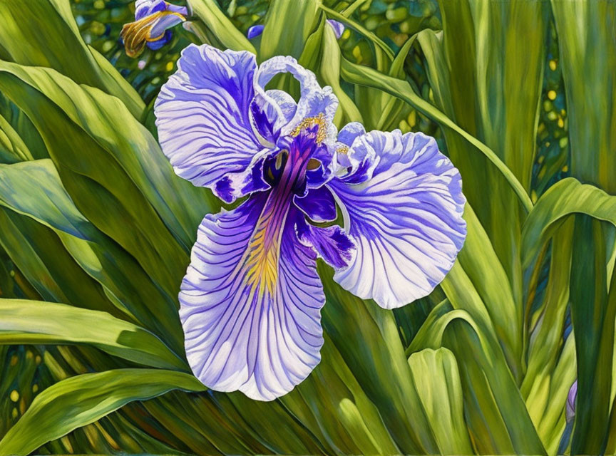 Detailed painting of blue iris flower with yellow and purple accents