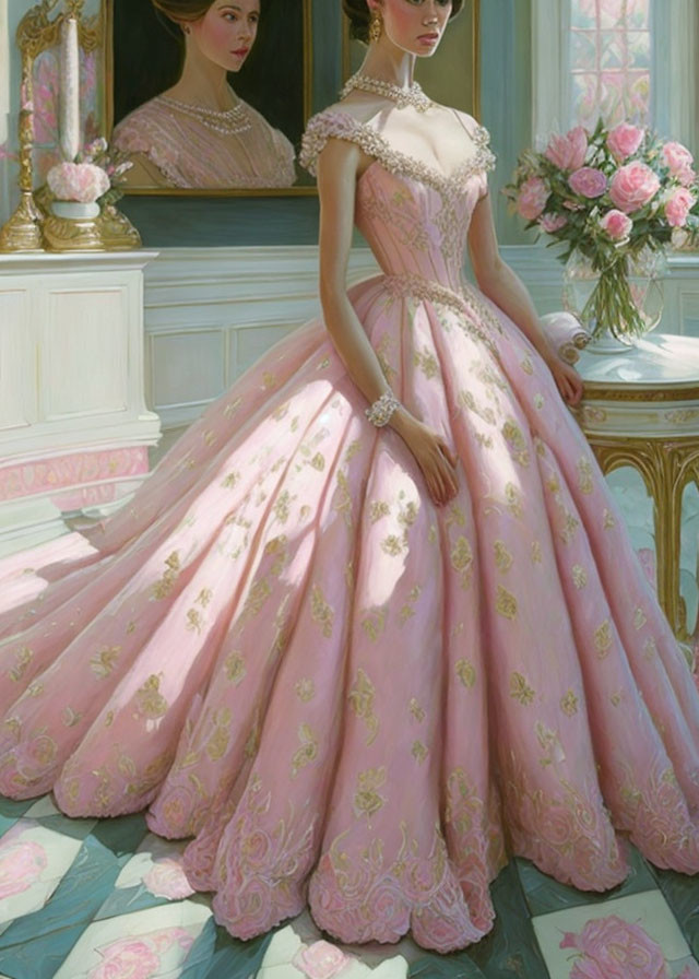 Woman in Pink Gown with Floral Embroidery in Room with Roses