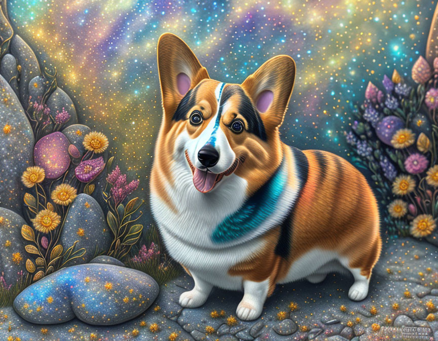 Vibrant Smiling Corgi in Galaxy Setting with Stones and Flowers