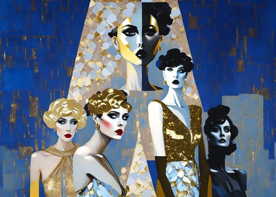 Stylized women with striking makeup and hairstyles on blue and gold abstract backdrop