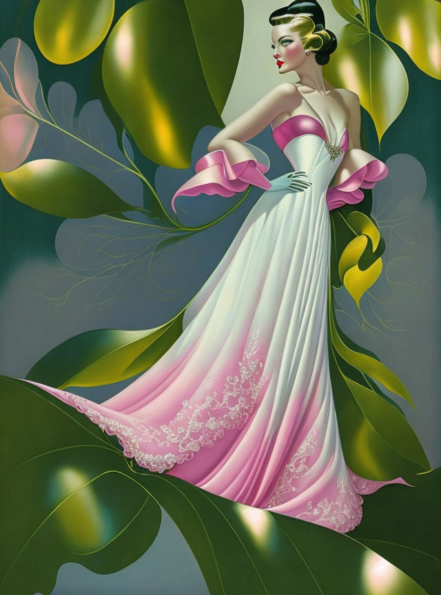 Woman in White and Pink Gown Surrounded by Green Leaves