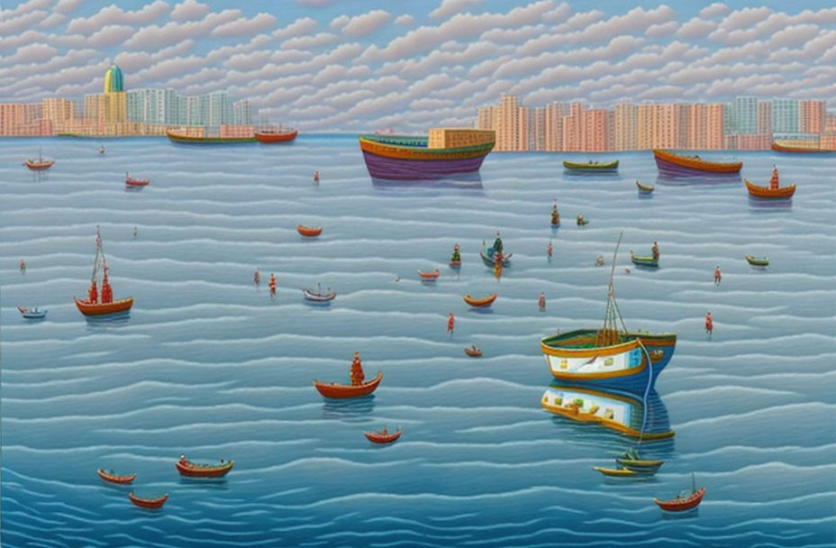 Vibrant painting of boats on calm sea with cityscape under cloudy sky