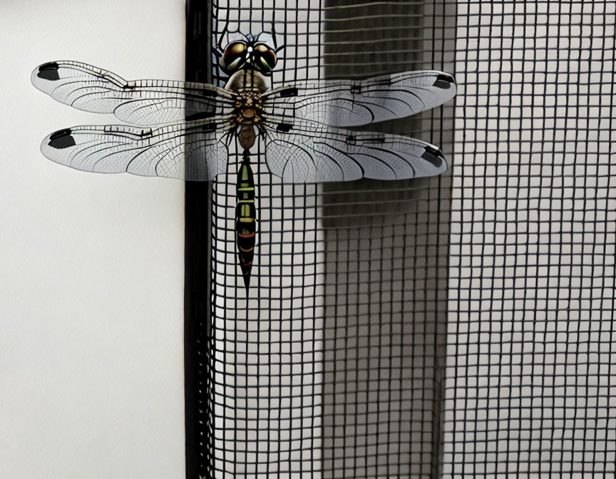 Clear-winged dragonfly perched on mesh screen with striped body