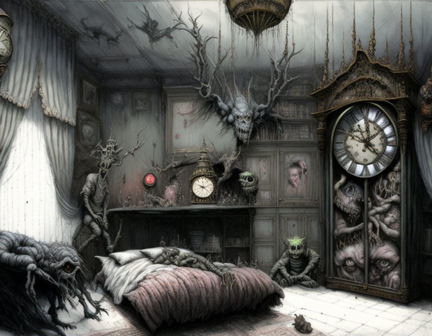 Surreal dark room with eerie creatures, twisted branches, ominous clock, and peering eyes.