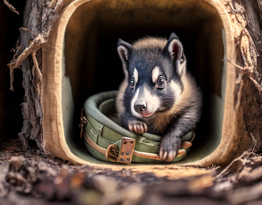 Baby raccoon peeking from hollow log in green belt with warm earthy tones