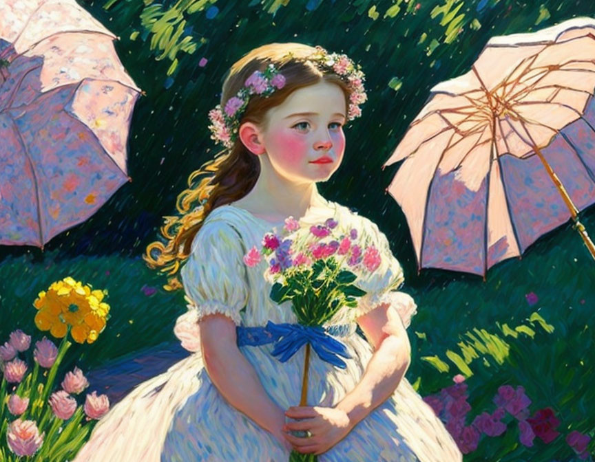 Young girl in white dress with floral wreath, holding bouquet between pink umbrellas on sunny grassy