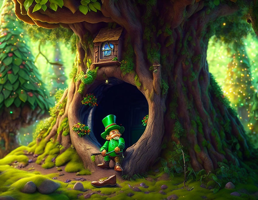 Enchanted forest scene with cozy nook and leprechaun-like character surrounded by glowing lights