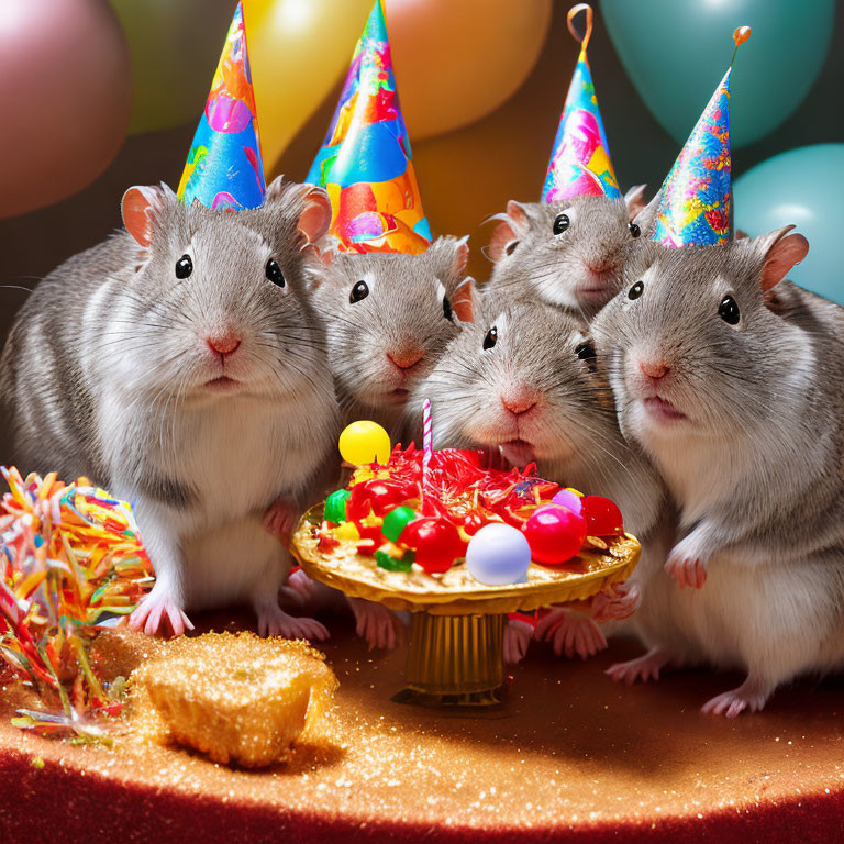 Five rats in party hats around a cake with candles on glittery surface