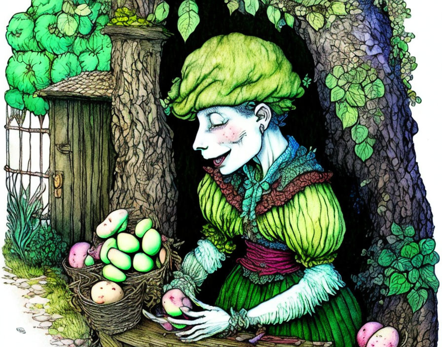 Smiling character with green hat and dress holding eggs near a tree and wooden door