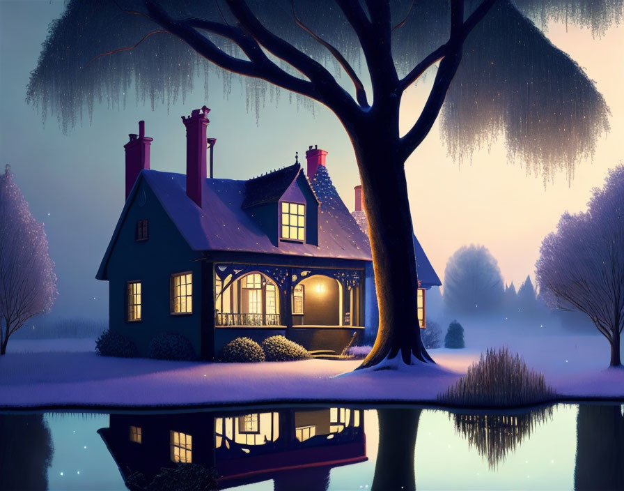 Snow-covered house at twilight with pond reflection.