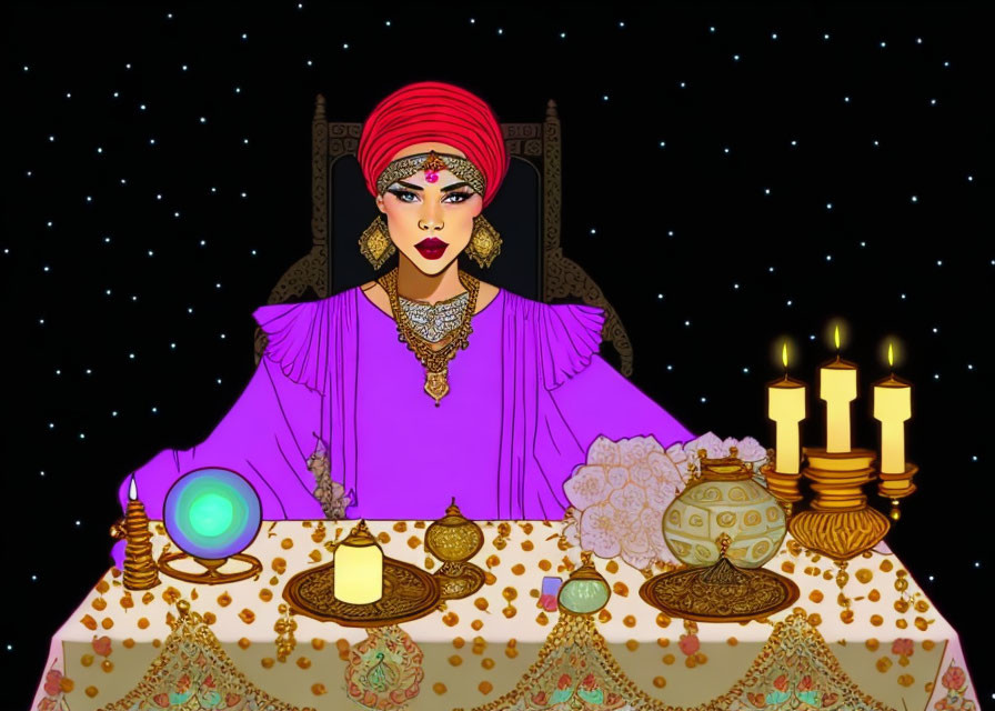 Fortune teller illustration with crystal ball and mystical objects