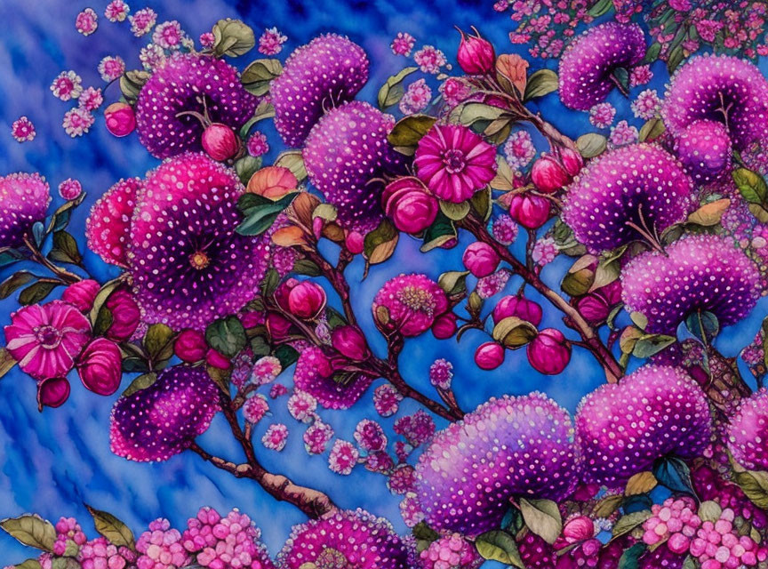 Pink Blossoms Painting on Blue Textured Background