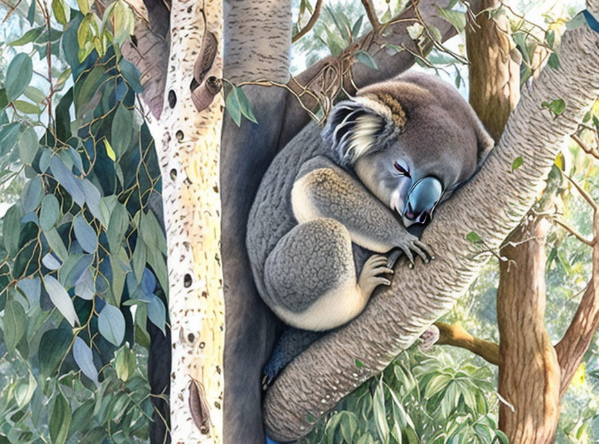 Koala sleeping on eucalyptus tree fork in lush forest