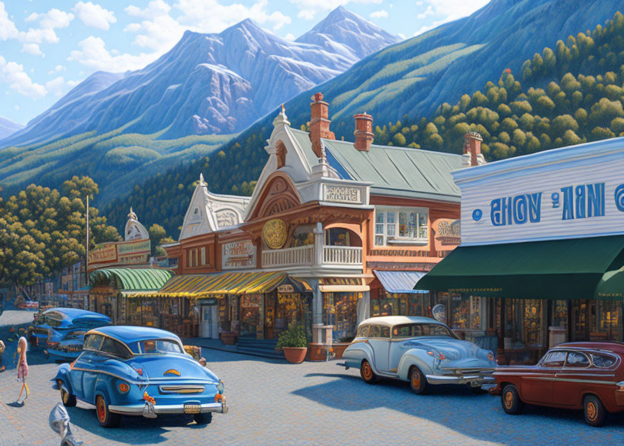 Vintage Cars in Sunny Mountain Town with Classic Architecture