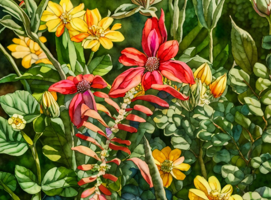 Vibrant Red and Yellow Flowers with Green Foliage in Watercolor