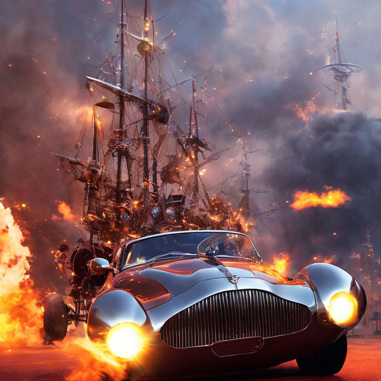 Vintage car escapes explosion with pirate ship and futuristic tower in background