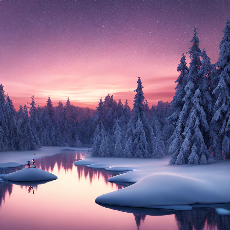 Snow-covered trees and icy river in serene winter twilight