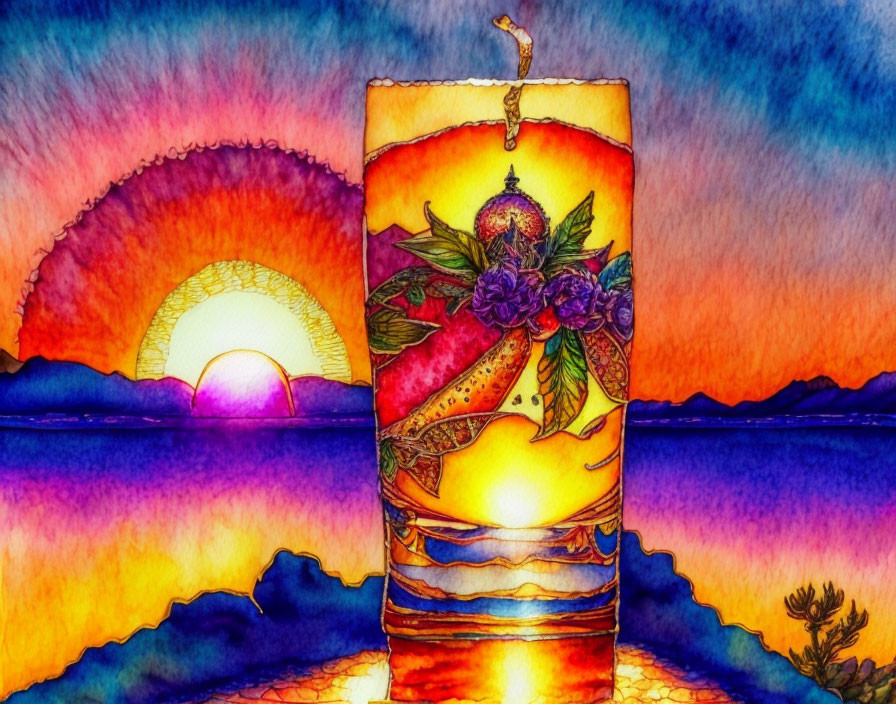 Colorful Watercolor Painting: Candle & Floral Designs on Sunset Sea